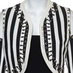 Pre Owned Givenchy Monochrome Denim Cutout Sleeve Lace Tie Detail Cropped Jacket M