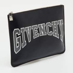 Pre Owned Givenchy Black Leather Logo Print Zip Pouch