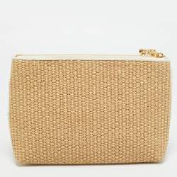 Pre Owned Givenchy Cream/Off White Leather and Raffia Travel Wristlet Pouch