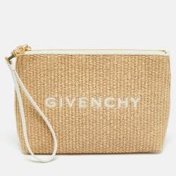 Pre Owned Givenchy Cream/Off White Leather and Raffia Travel Wristlet Pouch