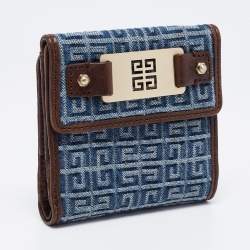 Pre Owned Givenchy Blue/Brown Monogram Canvas and Leather Metal Flap Compact Wallet