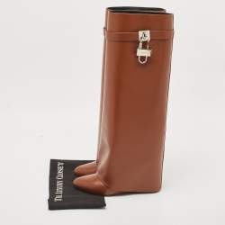 Pre Owned Givenchy Brown Leather Shark Lock Knee Length Boots Size 40
