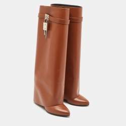 Pre Owned Givenchy Brown Leather Shark Lock Knee Length Boots Size 40