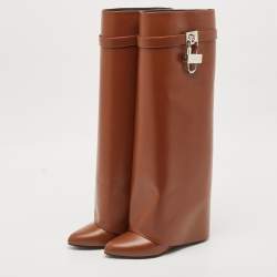 Pre Owned Givenchy Brown Leather Shark Lock Knee Length Boots Size 40