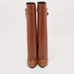 Pre Owned Givenchy Brown Leather Shark Lock Knee Length Boots Size 40
