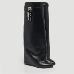 Pre Owned حذاء بوت ركبه جيفنشي شارك لوك كعب روكي جلد أسود مقاس 39.5