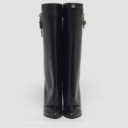 Pre Owned حذاء بوت ركبه جيفنشي شارك لوك كعب روكي جلد أسود مقاس 39.5