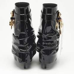 Pre Owned Givenchy Black Patent Leather Shark Lock Slouchy Ankle Length Boots Size 37