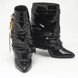 Pre Owned Givenchy Black Patent Leather Shark Lock Slouchy Ankle Length Boots Size 37