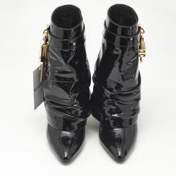Pre Owned Givenchy Black Patent Leather Shark Lock Slouchy Ankle Length Boots Size 37
