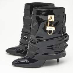 Pre Owned Givenchy Black Patent Leather Shark Lock Slouchy Ankle Length Boots Size 37