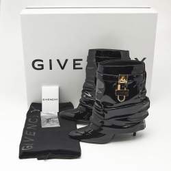 Pre Owned Givenchy Black Patent Leather Shark Lock Slouchy Ankle Length Boots Size 37