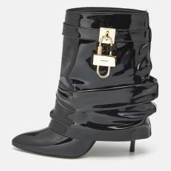 Pre Owned Givenchy Black Patent Leather Shark Lock Slouchy Ankle Length Boots Size 37
