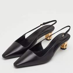 Pre Owned Givenchy G Cube Size 37.5 Black Leather Pointed Toe Slingback Pumps