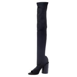 Pre Owned Givenchy Black Stretch Fabric Edgy Over The Knee Open Toe Boots Size 38.5