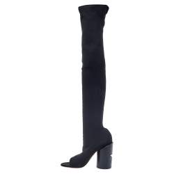 Pre Owned Givenchy Black Stretch Fabric Edgy Over The Knee Open Toe Boots Size 38.5