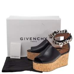 Givenchy Black Leather Cork Wedge Chain Ankle Cuff Sandals Size 36
