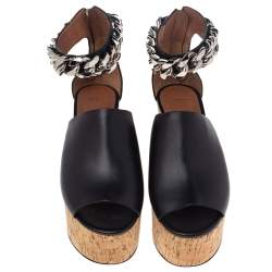 Givenchy Black Leather Cork Wedge Chain Ankle Cuff Sandals Size 36