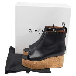 Givenchy Black Studded Leather Cork Wedge Open Toe Ankle Booties Size 37