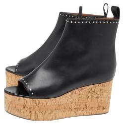 Givenchy Black Studded Leather Cork Wedge Open Toe Ankle Booties Size 37