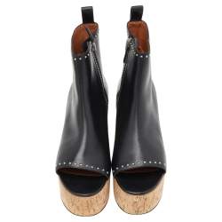 Givenchy Black Studded Leather Cork Wedge Open Toe Ankle Booties Size 37