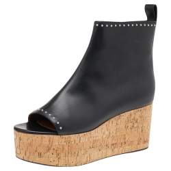 Givenchy Black Studded Leather Cork Wedge Open Toe Ankle Booties Size 37