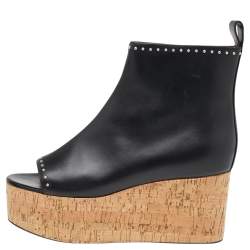Givenchy Black Studded Leather Cork Wedge Open Toe Ankle Booties Size 37
