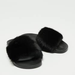 Givenchy Black Mink Fur Pool Slide Sandals Size 37