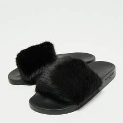 Givenchy Black Mink Fur Pool Slide Sandals Size 37