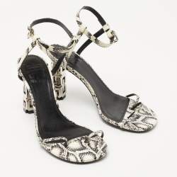 Givenchy White/Black Python Embossed Leather G Cube Heel Ankle Strap Sandals Size 37