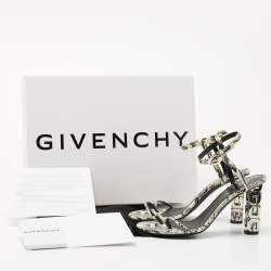 Givenchy White/Black Python Embossed Leather G Cube Heel Ankle Strap Sandals Size 37