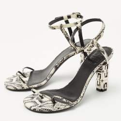 Givenchy White/Black Python Embossed Leather G Cube Heel Ankle Strap Sandals Size 37