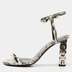 Givenchy White/Black Python Embossed Leather G Cube Heel Ankle Strap Sandals Size 37