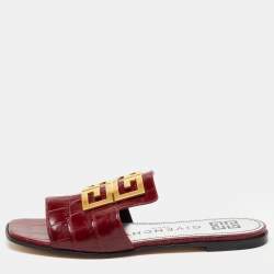 Givenchy Burgundy Croc Embossed Leather 4G Slide Flats Size 38.5