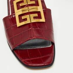 Givenchy Burgundy Croc Embossed Leather 4G Slide Flats Size 38.5