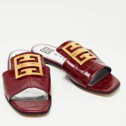 Givenchy Burgundy Croc Embossed Leather 4G Slide Flats Size 38.5