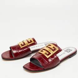 Givenchy Burgundy Croc Embossed Leather 4G Slide Flats Size 38.5