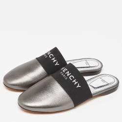 Pre Owned Givenchy Metallic Grey Leather Bedford Flat Mules Size 36