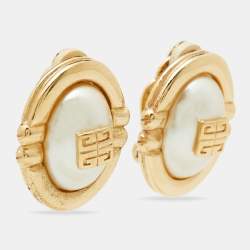 Givenchy Gold Tone GG Faux Pearl Clip-On Earrings