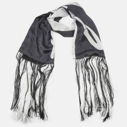 Givenchy Black Monogram Print Satin Silk Fringed Scarf 