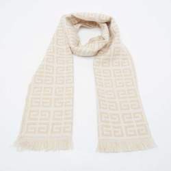 Pre Owned Givenchy Beige Monogram Wool Knit Fringed Scarf