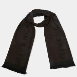 Pre Owned Givenchy Black/Brown Logo Jacquard Wool Fringed Scarf