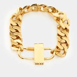 Pre Owned Givenchy G-Chain Lock Curb Link Padlock Gold Tone Bracelet
