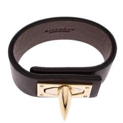Givenchy Brown Leather Shark Tooth Lock Pale Gold Tone Bracelet