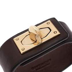 Givenchy Brown Leather Shark Tooth Lock Pale Gold Tone Bracelet