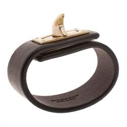 Givenchy Brown Leather Shark Tooth Lock Pale Gold Tone Bracelet