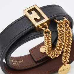 مملوكة مسبقًا Givenchy Black Leather Chain Detail Wrap Bracelet