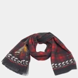 Givenchy Red & Black Doberman & Tartan Printed Wool Scarf