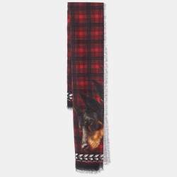 Givenchy Red & Black Doberman & Tartan Printed Wool Scarf