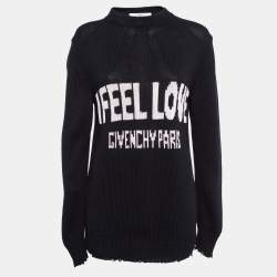 Pre Owned Givenchy Black Logo Intarsia Rib Knit Distressed Sleeve Sweater S